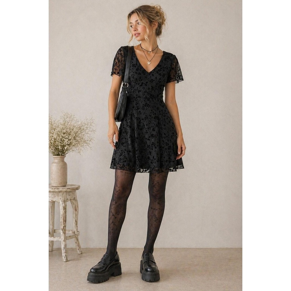 Dark Coquette Whimsigoth Black Dress Women 2 Velvet Burnout Floral  Flowy Mini